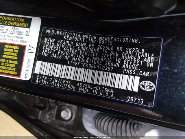 46035081 :رقم المزاد ، 4T1BF1FK9GU140357 vin ، 2016 Toyota Camry Se مزاد بيع
