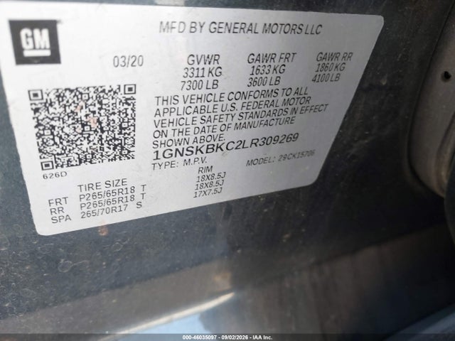 Auction sale of the 2020 Chevrolet Tahoe 4wd Lt, vin: 1GNSKBKC2LR309269, lot number: 46035097