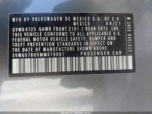 Aukcja sprzedaży 2021 Volkswagen Jetta 1.4t Sel Premium, vin: 3VWG57BU5MM078881, numer aukcji: 46035116