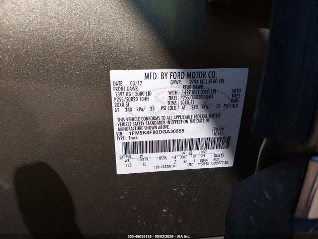 46035126 :رقم المزاد ، 1FM5K8F80DGA30555 vin ، 2013 Ford Explorer Limited مزاد بيع