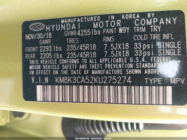 Продаж на аукціоні авто 2019 Hyundai Kona Limited, vin: KM8K3CA52KU275274, номер лоту: 46035128