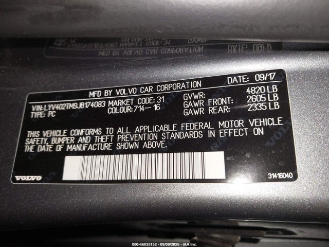 46035152 :رقم المزاد ، LYV402TM9JB174083 vin ، 2018 Volvo S60 Inscription T5 Platinum مزاد بيع