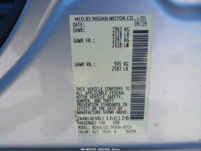 46035155 :رقم المزاد ، 1N4BL4CV6LC166126 vin ، 2020 Nissan Altima Sr Fwd مزاد بيع