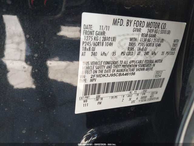 46035161 :رقم المزاد ، 2FMDK3J95CBA46156 vin ، 2012 Ford Edge Sel مزاد بيع