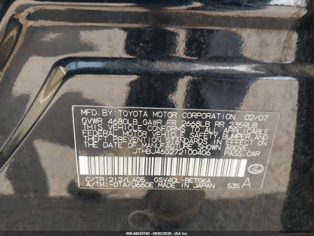 46035168 :رقم المزاد ، JTHBJ46G272100406 vin ، 2007 Lexus Es 350 مزاد بيع