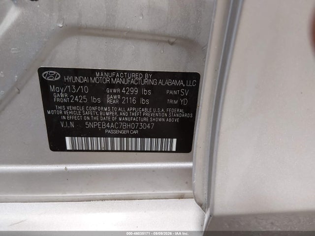 Aukcja sprzedaży 2011 Hyundai Sonata Gls, vin: 5NPEB4AC7BH073047, numer aukcji: 46035171