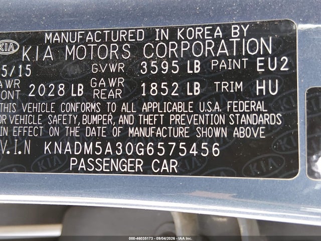 2016 Kia Rio Lx მანქანა იყიდება აუქციონზე, vin: KNADM5A30G6575456, აუქციონის ნომერი: 46035173