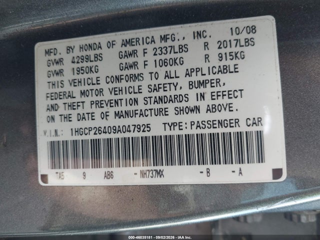 Продаж на аукціоні авто 2009 Honda Accord 2.4 Lx-p, vin: 1HGCP26409A047925, номер лоту: 46035181