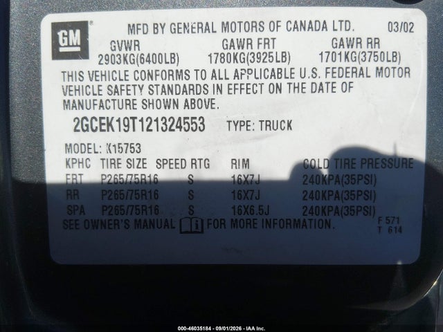Продаж на аукціоні авто 2002 Chevrolet Silverado 1500 Lt, vin: 2GCEK19T121324553, номер лоту: 46035184