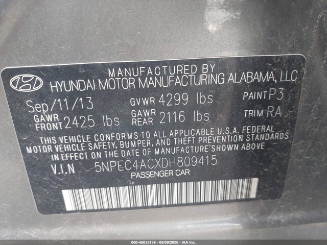 Aukcja sprzedaży 2013 Hyundai Sonata Limited, vin: 5NPEC4ACXDH809415, numer aukcji: 46035196