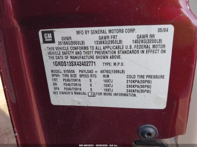 2004 Chevrolet Trailblazer Ls მანქანა იყიდება აუქციონზე, vin: 1GNDS13SX42402771, აუქციონის ნომერი: 46035201