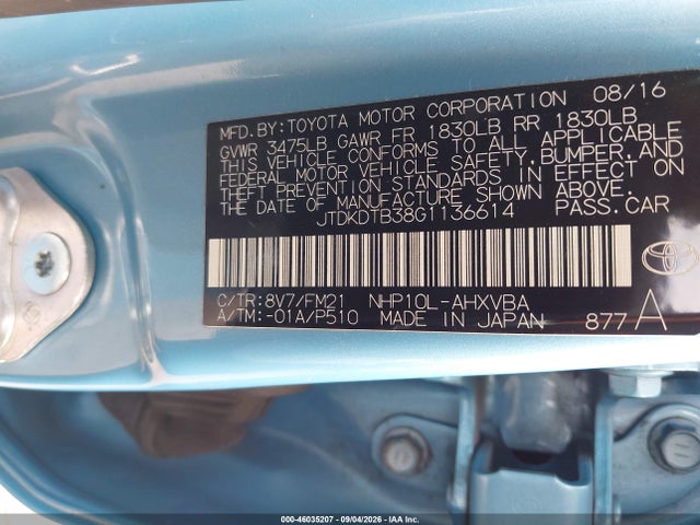 Aukcja sprzedaży 2016 Toyota Prius C Two, vin: JTDKDTB38G1136614, numer aukcji: 46035207