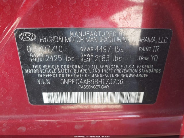 46035234 :رقم المزاد ، 5NPEC4AB9BH173736 vin ، 2011 Hyundai Sonata Limited 2.0t مزاد بيع