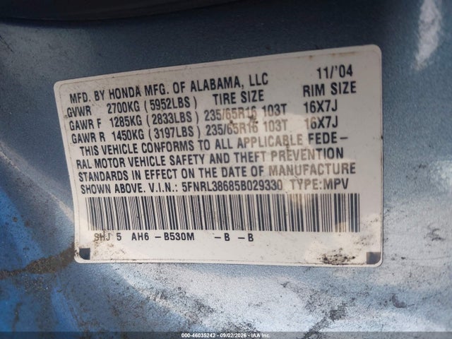 46035242 :رقم المزاد ، 5FNRL38685B029330 vin ، 2005 Honda Odyssey Ex-l مزاد بيع