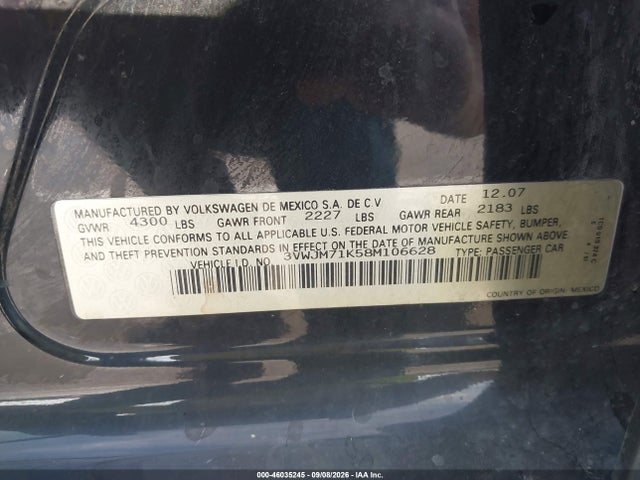 2008 Volkswagen Jetta S მანქანა იყიდება აუქციონზე, vin: 3VWJM71K58M106628, აუქციონის ნომერი: 46035245