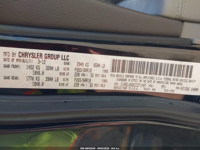 Продаж на аукціоні авто 2012 Dodge Durango Sxt, vin: 1C4RDJAG6CC271497, номер лоту: 46035248