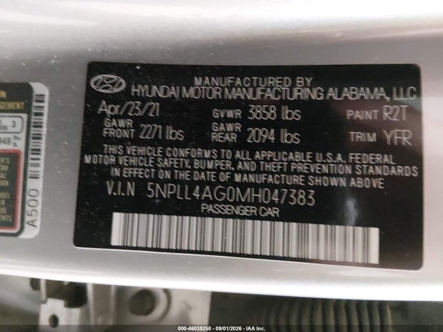 Aukcja sprzedaży 2021 Hyundai Elantra Se, vin: 5NPLL4AG0MH047383, numer aukcji: 46035258