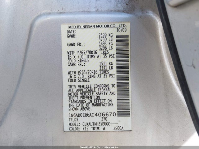 2010 Nissan Frontier Se მანქანა იყიდება აუქციონზე, vin: 1N6AD0ER6AC406670, აუქციონის ნომერი: 46035274