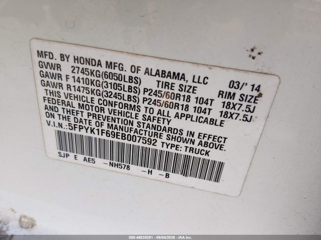 Aukcja sprzedaży 2014 Honda Ridgeline Se, vin: 5FPYK1F69EB007592, numer aukcji: 46035281