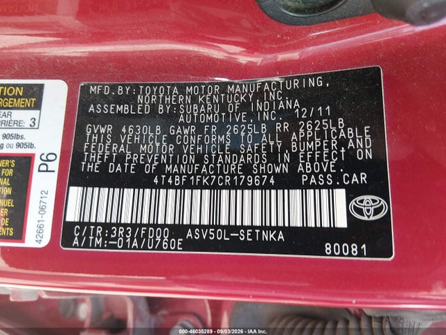 2012 Toyota Camry Le მანქანა იყიდება აუქციონზე, vin: 4T4BF1FK7CR179674, აუქციონის ნომერი: 46035289