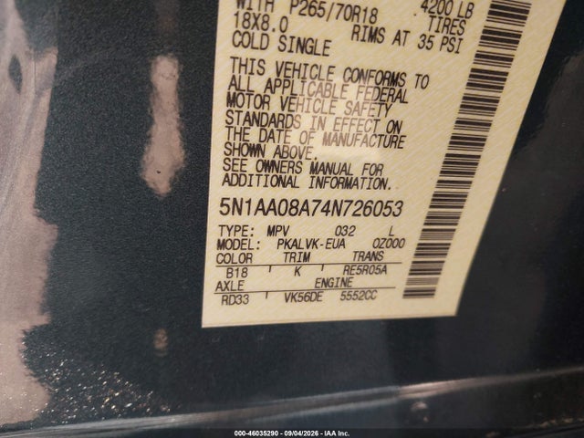 Продажа на аукционе авто 2004 Nissan Pathfinder Armada Le, vin: 5N1AA08A74N726053, номер лота: 46035290