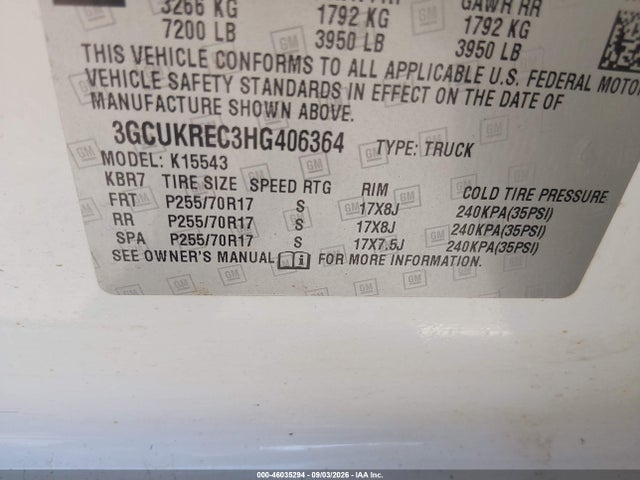 46035294 :رقم المزاد ، 3GCUKREC3HG406364 vin ، 2017 Chevrolet Silverado 1500 Lt مزاد بيع