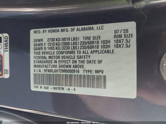 Aukcja sprzedaży 2021 Honda Odyssey Ex-l, vin: 5FNRL6H72MB000916, numer aukcji: 46035304