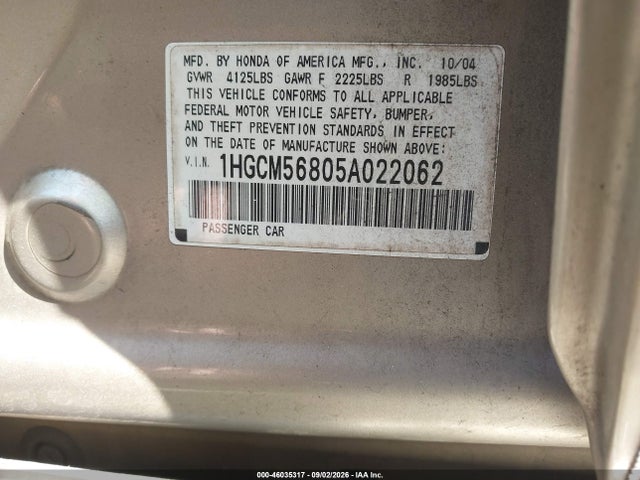 Продаж на аукціоні авто 2005 Honda Accord 2.4 Ex, vin: 1HGCM56805A022062, номер лоту: 46035317