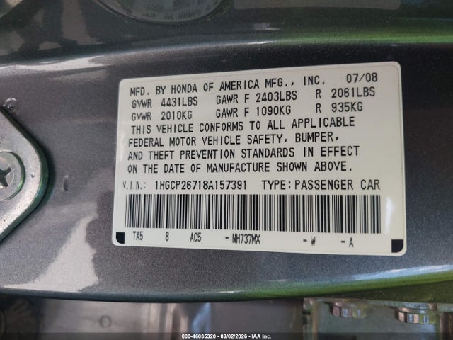 Продажа на аукционе авто 2008 Honda Accord 2.4 Ex, vin: 1HGCP26718A157391, номер лота: 46035320