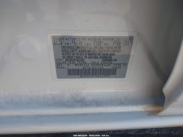 46035344 :رقم المزاد ، 3N1CN7AP7HK419957 vin ، 2017 Nissan Versa 1.6 Sv مزاد بيع