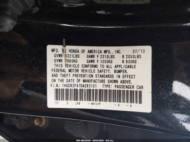 Aukcja sprzedaży 2013 Honda Accord Ex-l, vin: 1HGCR2F87DA263101, numer aukcji: 46035345