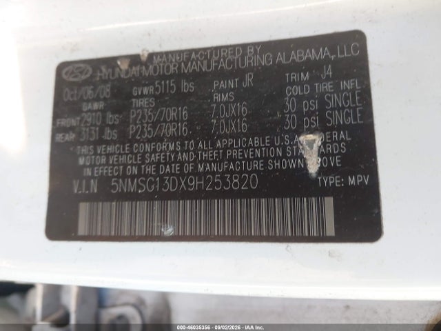 Продаж на аукціоні авто 2009 Hyundai Santa Fe Gls, vin: 5NMSG13DX9H253820, номер лоту: 46035356