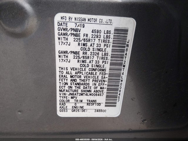 2020 Nissan Rogue Sv Fwd მანქანა იყიდება აუქციონზე, vin: JN8AT2MT4LW008457, აუქციონის ნომერი: 46035359