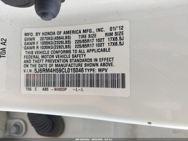Продажа на аукционе авто 2012 Honda Cr-v Ex, vin: 5J6RM4H59CL015046, номер лота: 46035364