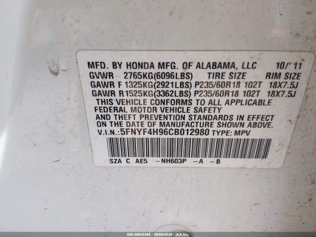 Продаж на аукціоні авто 2012 Honda Pilot Touring, vin: 5FNYF4H96CB012980, номер лоту: 46035365