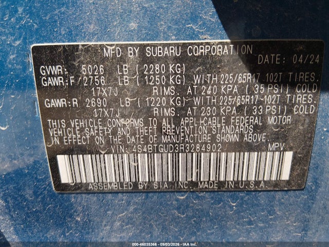 46035366 :رقم المزاد ، 4S4BTGUD3R3284902 vin ، 2024 Subaru Outback Wilderness مزاد بيع