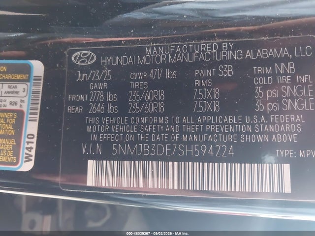 46035367 :رقم المزاد ، 5NMJB3DE7SH594224 vin ، 2025 Hyundai Tucson Sel مزاد بيع