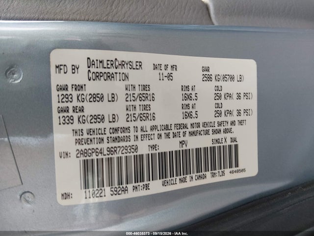 2006 Chrysler Town & Country Limited მანქანა იყიდება აუქციონზე, vin: 2A8GP64L96R729350, აუქციონის ნომერი: 46035373