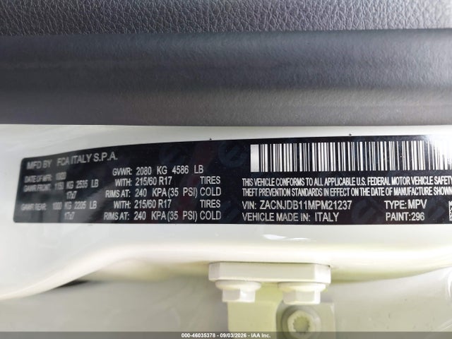 Продаж на аукціоні авто 2021 Jeep Renegade Latitude 4x4, vin: ZACNJDB11MPM21237, номер лоту: 46035378