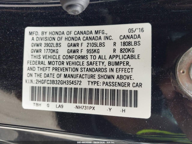 Aukcja sprzedaży 2016 Honda Civic Ex-t, vin: 2HGFC3B32GH354572, numer aukcji: 46035389