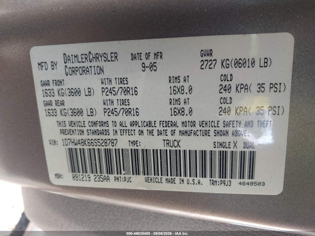 46035400 :رقم المزاد ، 1D7HW48K66S528787 vin ، 2006 Dodge Dakota Slt مزاد بيع