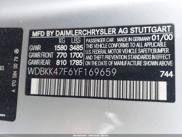 46035401 :رقم المزاد ، WDBKK47F6YF169659 vin ، 2000 Mercedes-benz Slk 230 Kompressor مزاد بيع