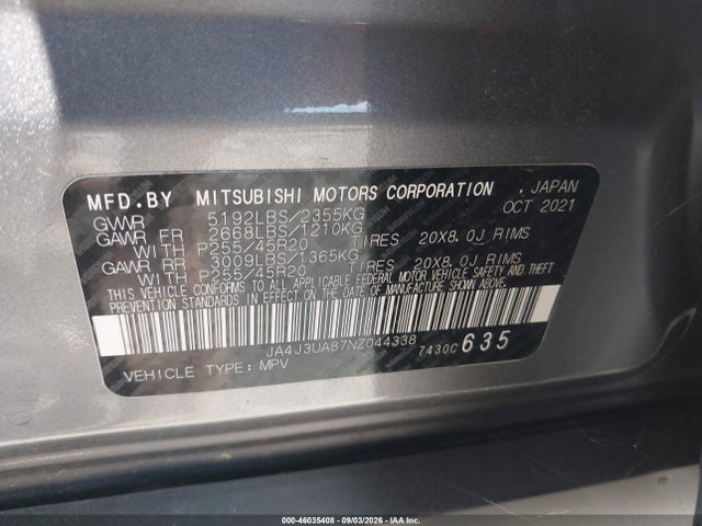 Aukcja sprzedaży 2022 Mitsubishi Outlander Se 2.5 2wd, vin: JA4J3UA87NZ044338, numer aukcji: 46035408