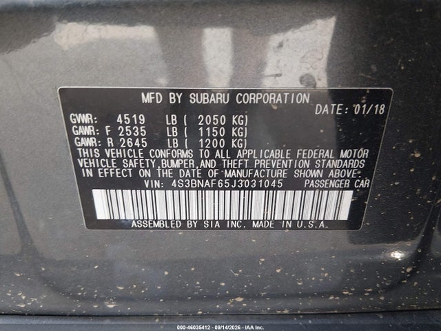 2018 Subaru Legacy 2.5i Premium მანქანა იყიდება აუქციონზე, vin: 4S3BNAF65J3031045, აუქციონის ნომერი: 46035412