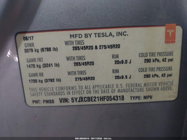 Aukcja sprzedaży 2017 Tesla Model X 100d/75d/90d, vin: 5YJXCBE21HF054318, numer aukcji: 46035415