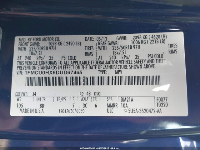2013 Ford Escape Sel მანქანა იყიდება აუქციონზე, vin: 1FMCU0HX6DUD67465, აუქციონის ნომერი: 46035418