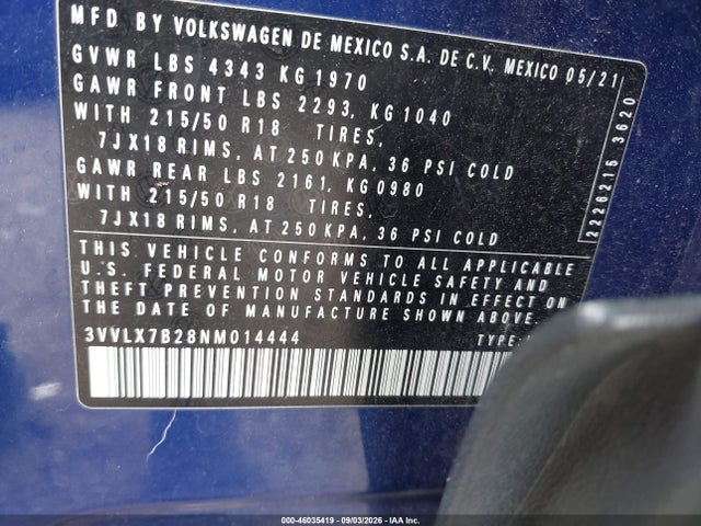 46035419 :رقم المزاد ، 3VVLX7B28NM014444 vin ، 2022 Volkswagen Taos 1.5t Se مزاد بيع