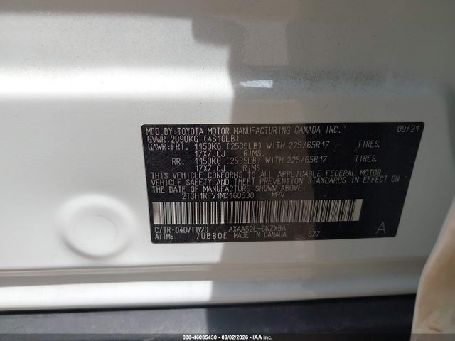 2021 Toyota Rav4 Le მანქანა იყიდება აუქციონზე, vin: 2T3H1RFV1MC160530, აუქციონის ნომერი: 46035430