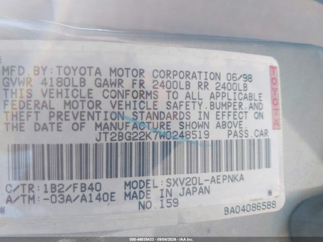 Aukcja sprzedaży 1998 Toyota Camry Le, vin: JT2BG22K7W0248519, numer aukcji: 46035433