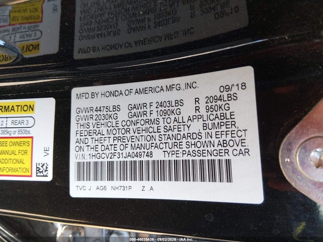 2018 Honda Accord Sport 2.0t მანქანა იყიდება აუქციონზე, vin: 1HGCV2F31JA049748, აუქციონის ნომერი: 46035436